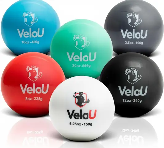 VeloU Weighted Balls for Baseball 6 Ball Set showing complete progressive loading range across all six ball weights on a neutral background.