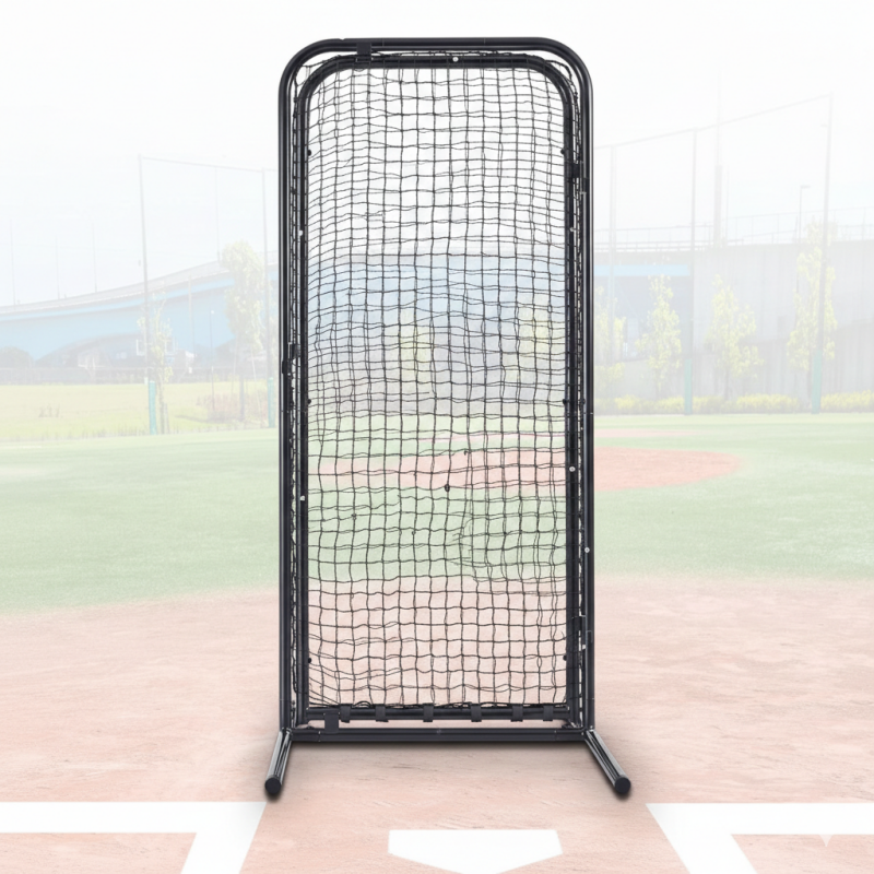 Heavy-duty freestanding batting cage door with steel frame for baseball training cages.