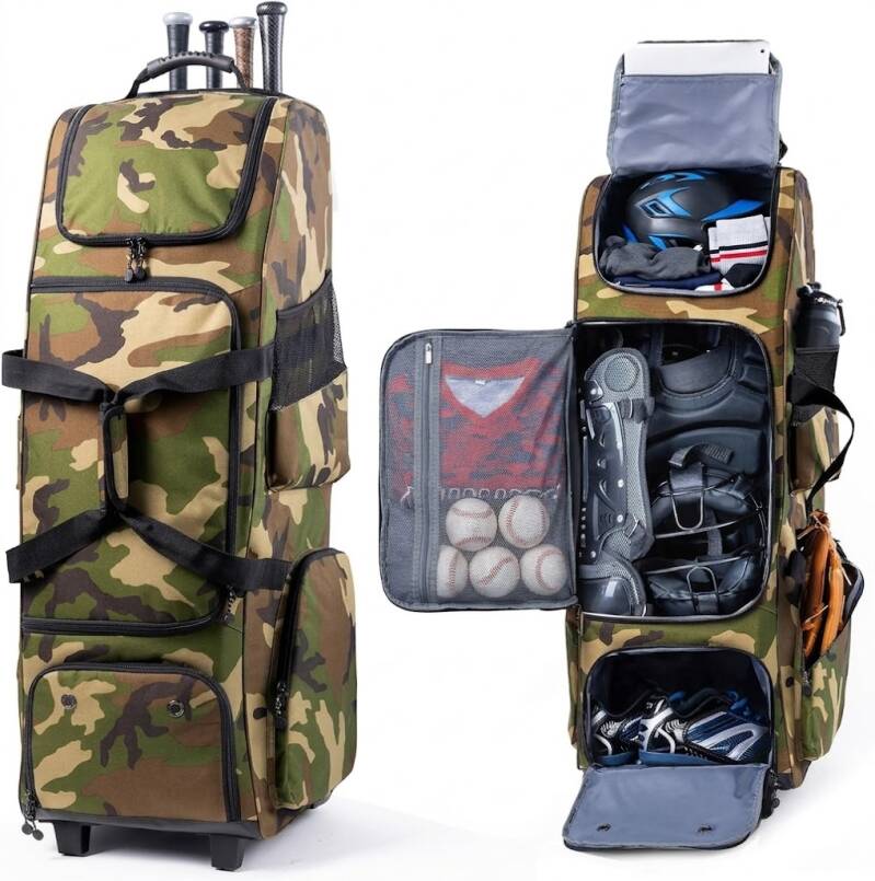 Tall camo wheeled bag shown closed with four bats and open with a full set of catcher's equipment.
