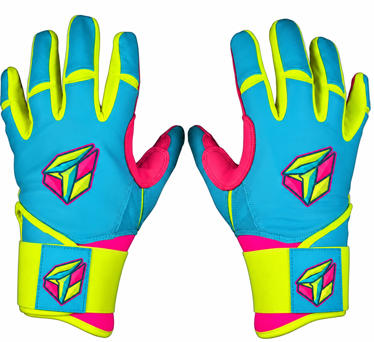 Batting gloves by Volt for baseball and softball, in blue, yellow, and pink.