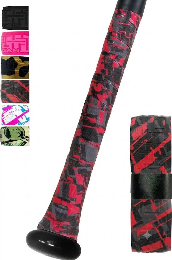 Vulcan 0.50mm/1.00mm/1.75mm bat grip in red and black abstract splash pattern with multiple colorway options shown.