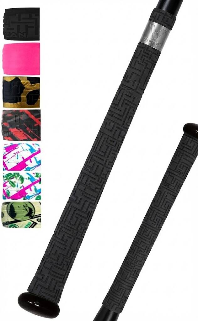 Vulcan 0.50mm/1.00mm/1.75mm bat grip in black with geometric maze texture and multiple colorway options shown.