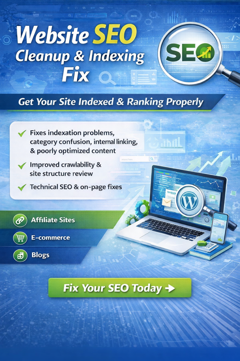 9:28 PMWebsite SEO Cleanup and Indexing Fix flier promoting site indexing and ranking services for affiliate sites, e-commerce, and blogs.