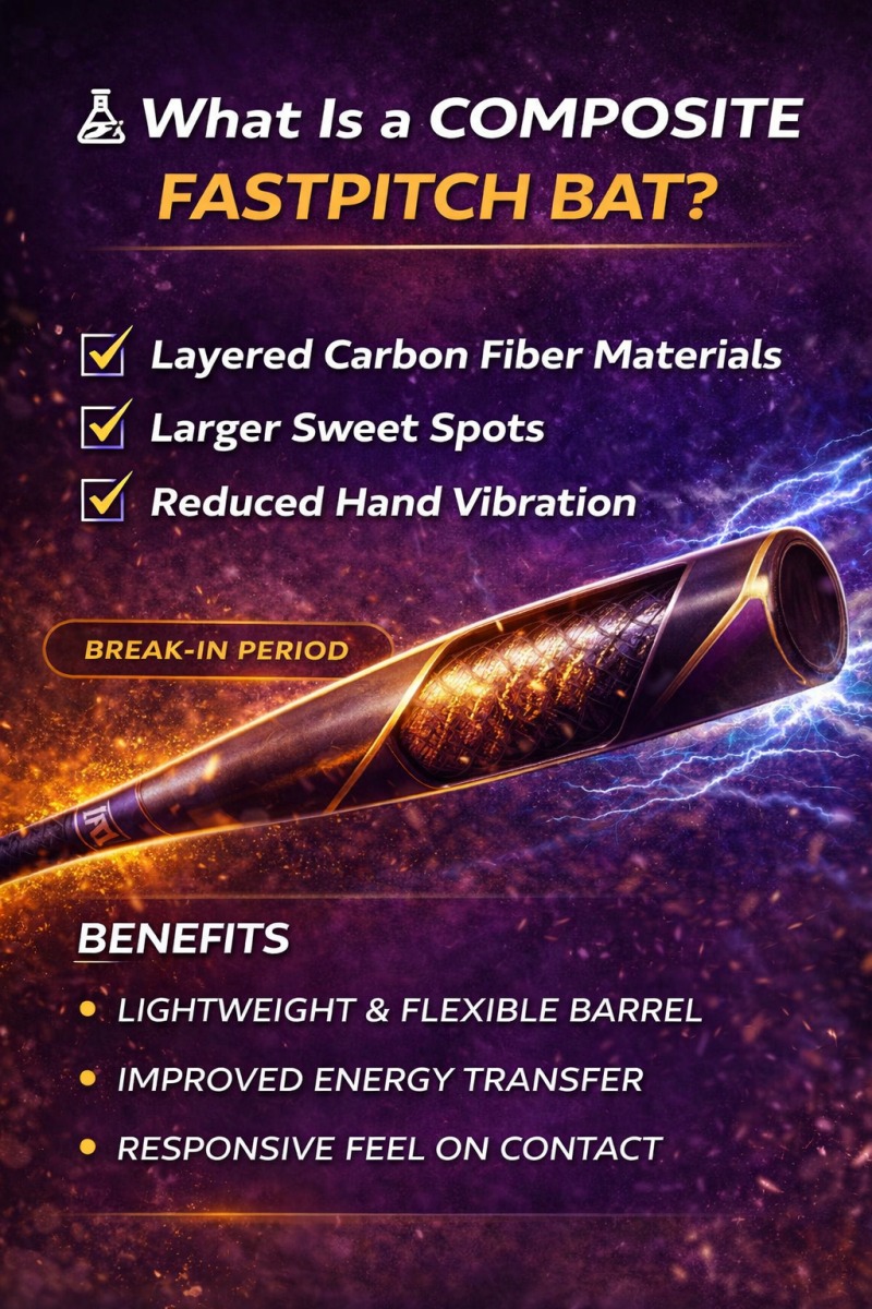 Infographic explaining composite fastpitch softball bat construction using layered carbon fiber materials designed for larger sweet spots and reduced vibration.