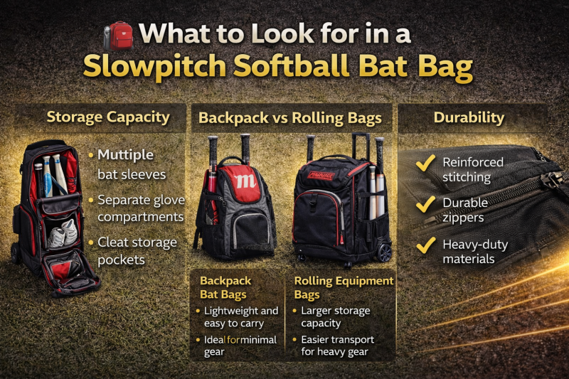Slowpitch softball bat bag buying guide infographic highlighting storage capacity, rolling vs backpack styles, bat sleeves, and durable equipment bag features