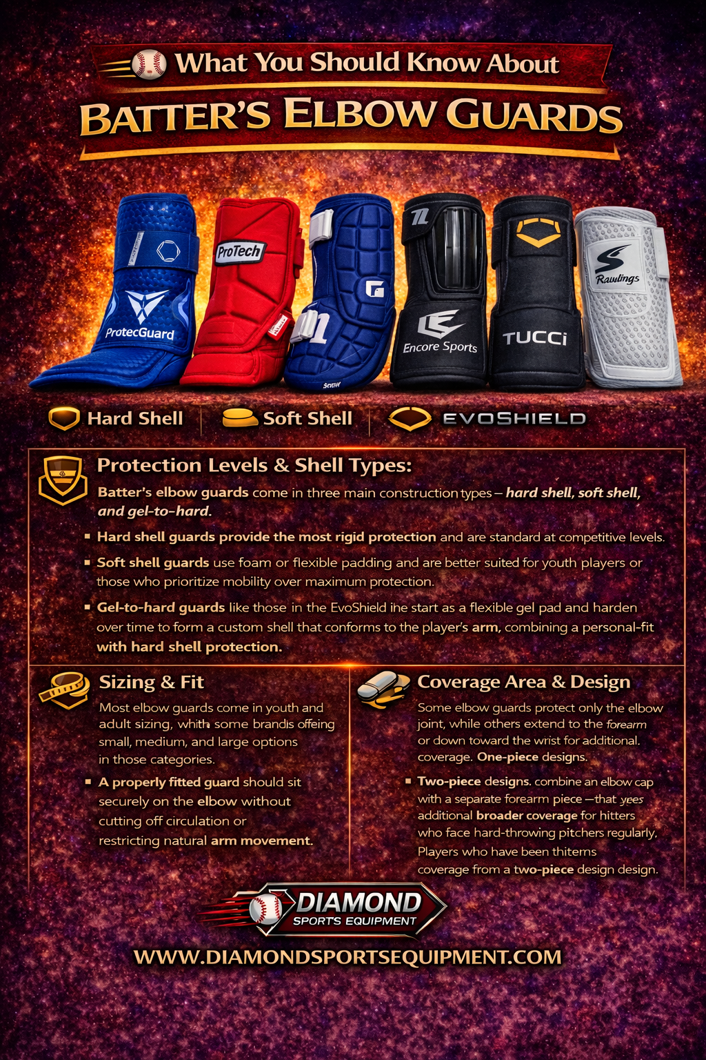 What baseball and softball players should know about batter's elbow guards in 2026 — protection levels, sizing, coverage area, and mobility — Diamond Sports Equipment.