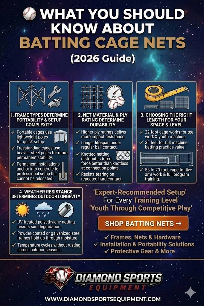 An educational graphic featuring four distinct sections with unique icons explaining batting cage net material, frame portability, setup complexity, and training depth.