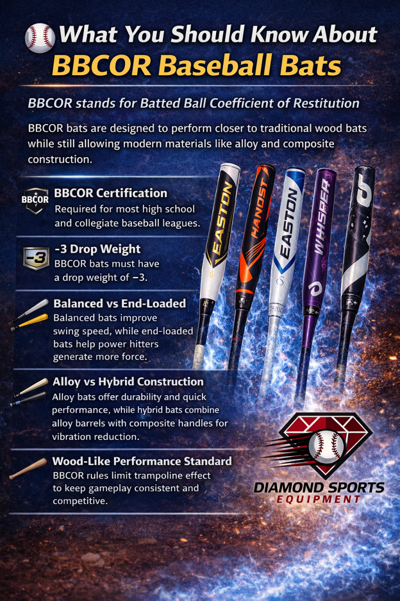 Infographic explaining BBCOR baseball bats including BBCOR certification rules, -3 drop weight requirements, balanced vs end-loaded swing styles, and alloy vs hybrid bat construction.