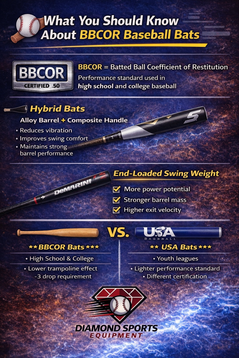 Infographic explaining BBCOR baseball bat certification, hybrid bat construction, end-loaded swing weight benefits, and BBCOR vs USA baseball bat differences.