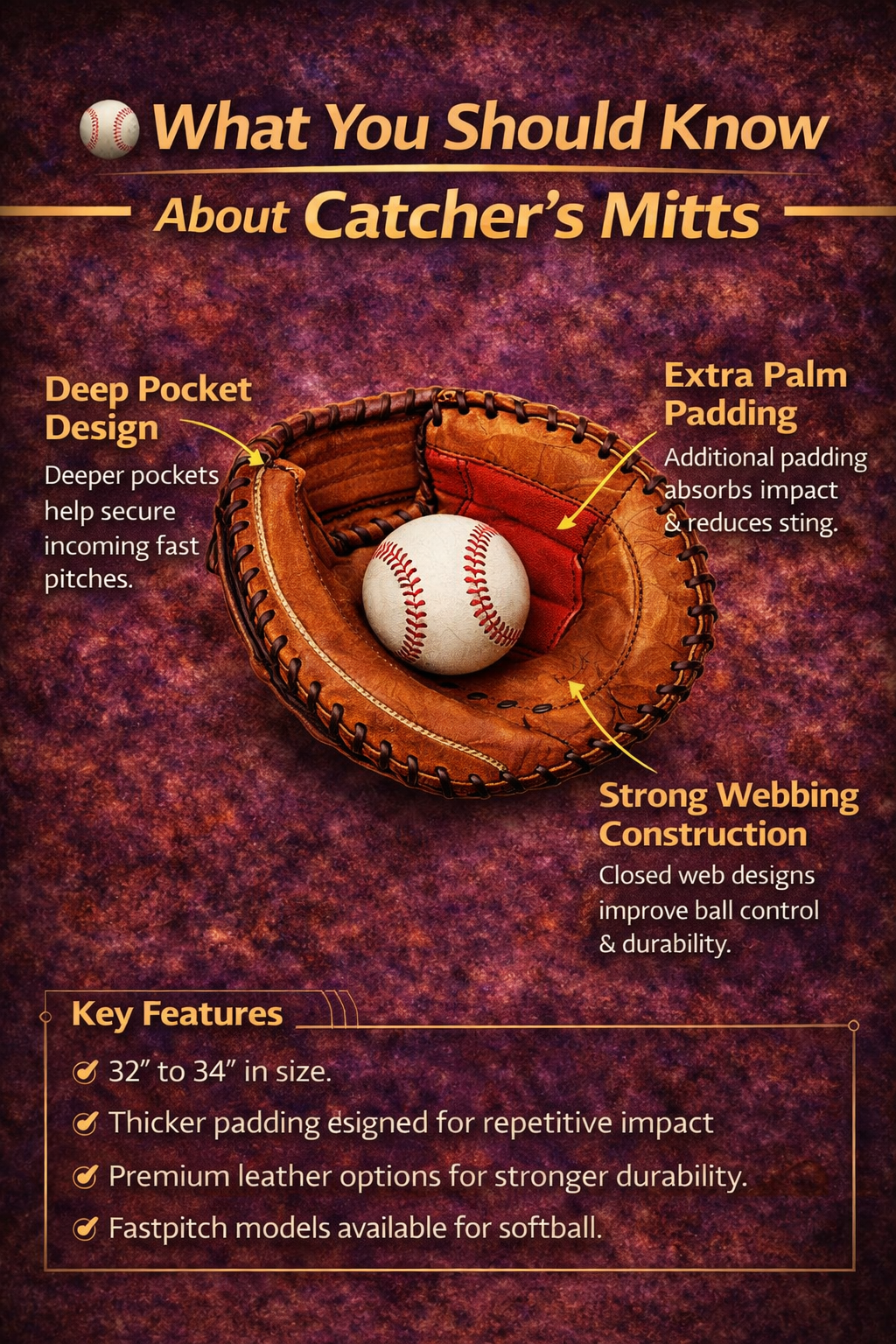 Infographic explaining catcher’s mitt features including deep pocket design, extra palm padding, and strong webbing construction with key notes about sizing and durability.