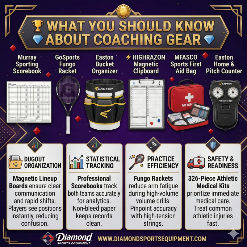 A professional high-resolution 2048x2048 graphic explaining coaching gear with 6 realistic product models and 4 legible info panels on a cosmic purple background, featuring the correct full-color Diamond Sports Equipment logo.