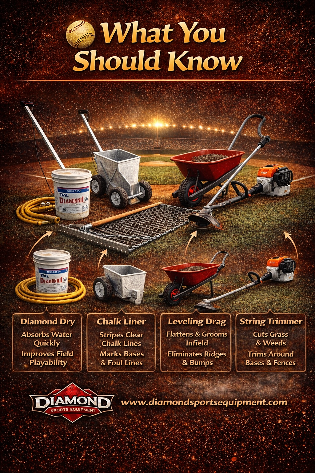 Diamond Dry bucket with hose, Chalk Liner push cart, Leveling Drag, and String Trimmer field maintenance tools arranged on a baseball field, with arrows pointing to four info panels describing each tool’s key function; cosmic dark orange background, bold 