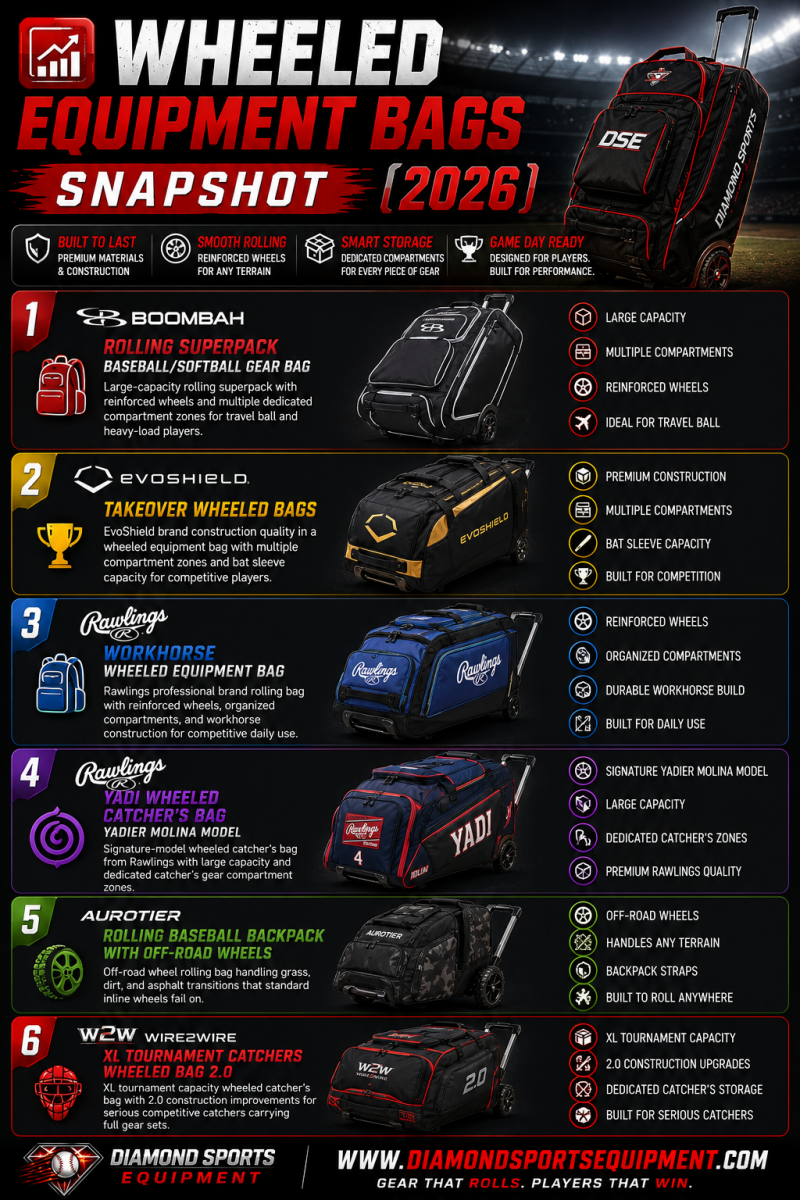 Wheeled Equipment Bags Snapshot (2026) featuring rolling baseball and softball equipment bags, wheeled catcher’s bags, tournament gear bags, and off-road rolling equipment backpacks with Diamond Sports Equipment branding.