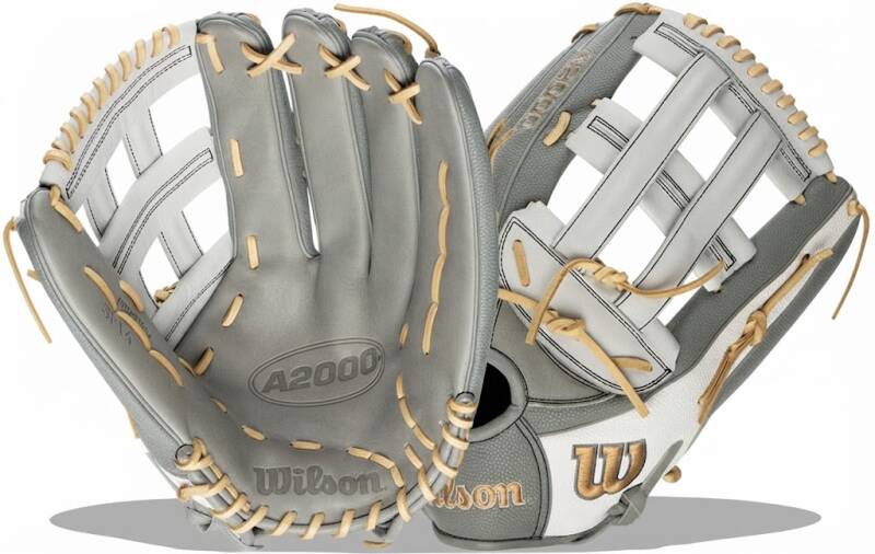 Wilson 2019 A2000 SP14 SuperSkin 14" slowpitch softball glove. Gray with white binding, dual post web design.