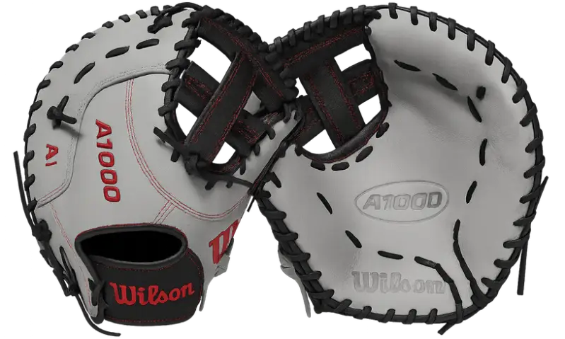 Wilson 2024 A1000 1620 12.5 inch first base mitt in gray and black with red accents, versatile build for both baseball and softball first basemen.