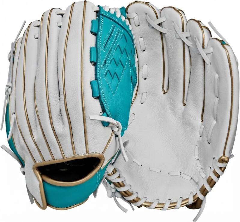 Wilson 2024 A500 Siren 12.5” Youth Outfield Fastpitch Softball Glove, a closed-web youth outfield glove in white with teal accents.