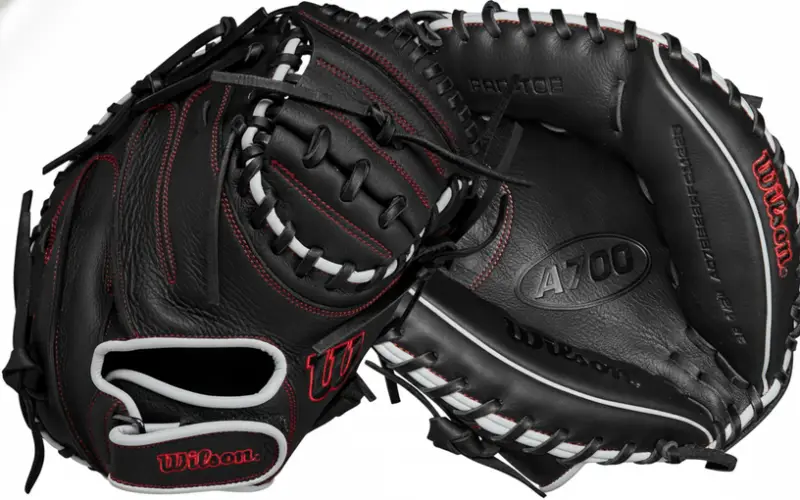 Wilson 2024 A700 FPCM 33" Fastpitch Catcher's Mitt displayed showing its dedicated fastpitch leather construction and 33" circumference design for developing catchers.