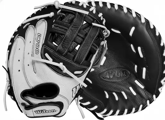 The Wilson 2024 A700 FPCM 33" Fastpitch Catcher's Mitt displayed in its fastpitch-specific design calibrated for female player proportions and fastpitch pitching demands.