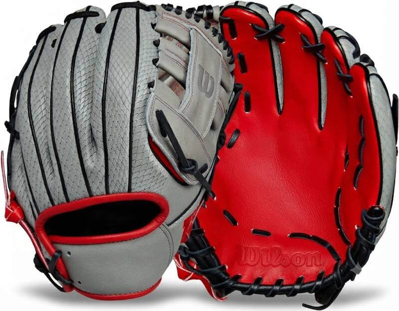 Wilson 2024 Tim Anderson A2000 TA7 GM 11.5" infield glove with gray snakeskin back, red palm, and black lacing.