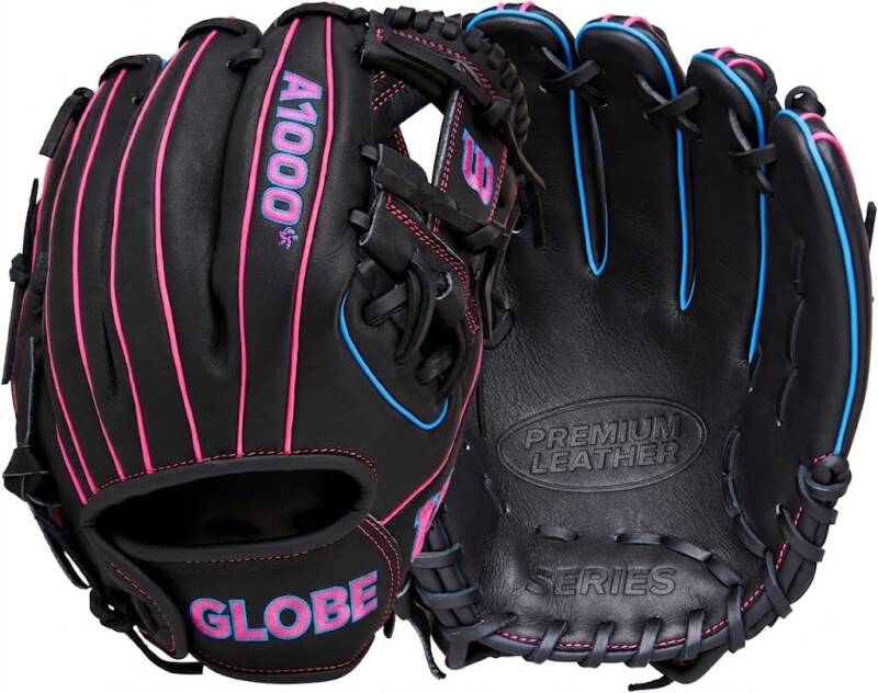 A black baseball glove with pink and blue trim.
