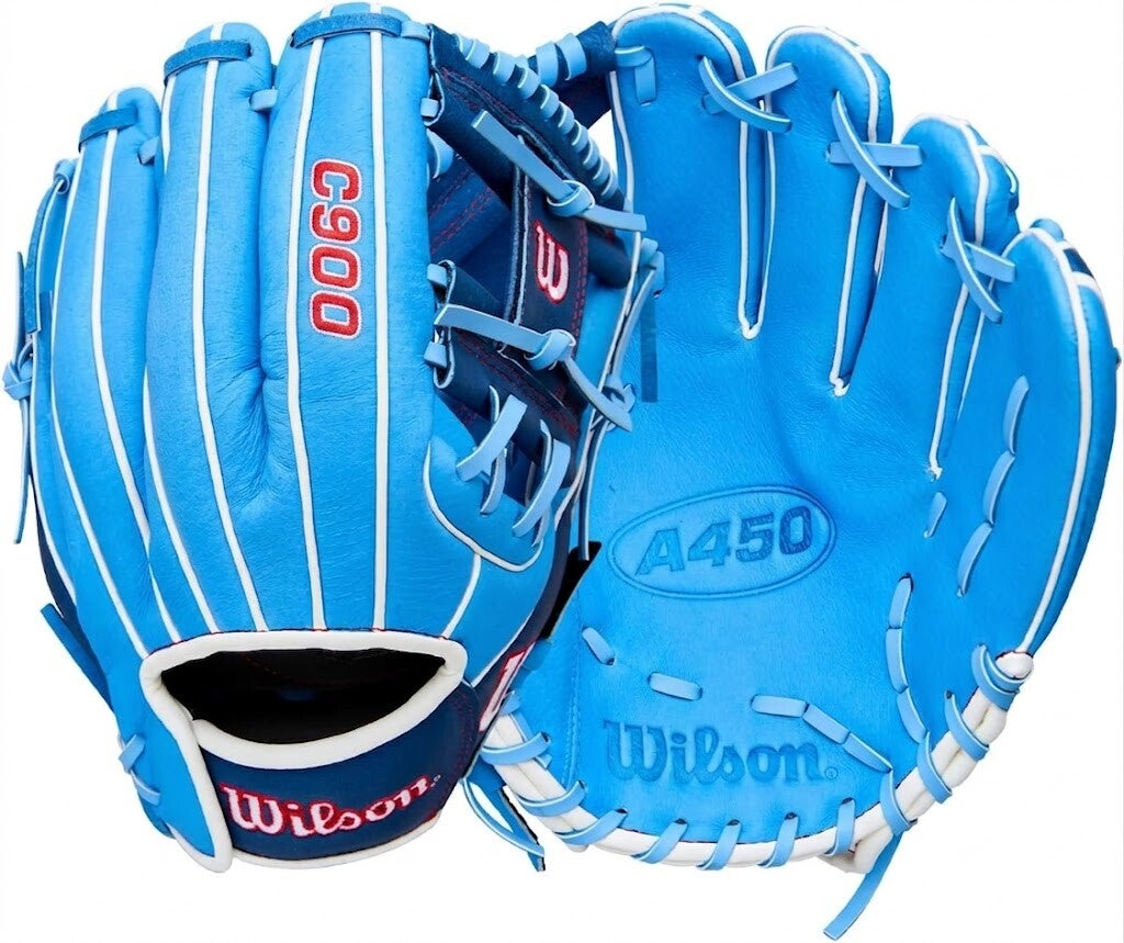 A sky blue baseball glove with white piping and laces.