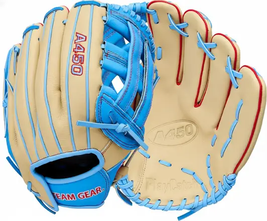 Wilson 2026 A450 Baseball Glove displayed showing its quality leather construction and versatile adult pattern design.