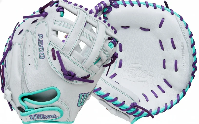 Wilson 2026 A500 Siren fastpitch softball catcher's mitt — youth and recreational fastpitch mitt in white with purple and teal lacing