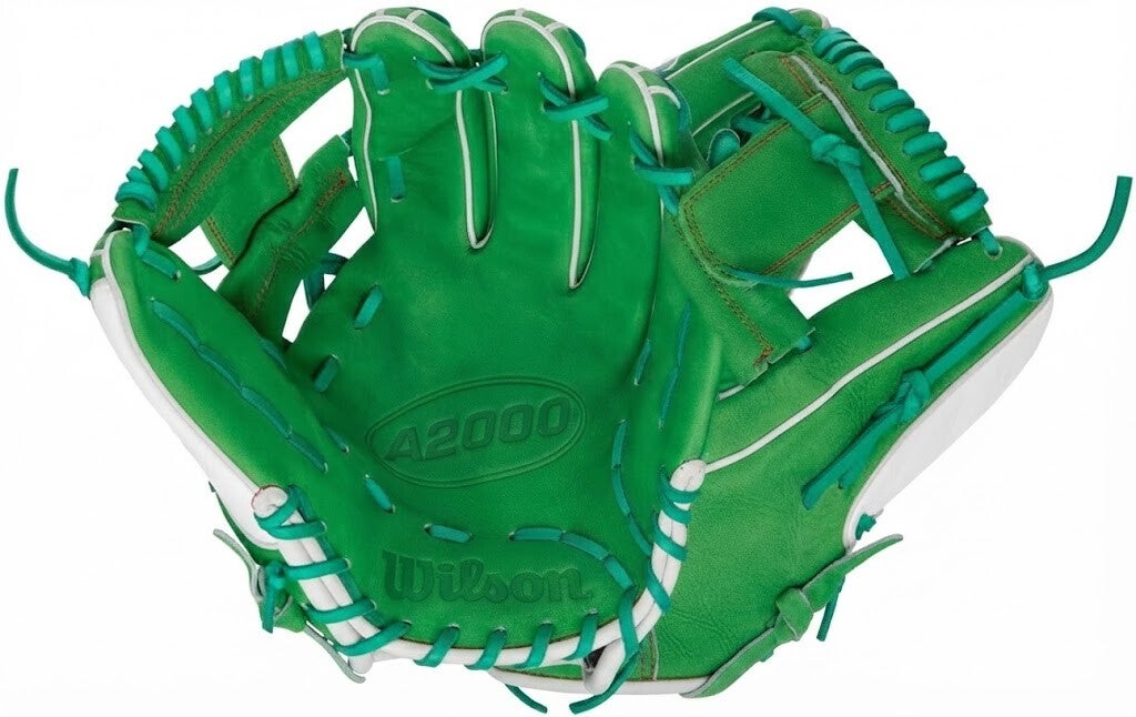 Wilson A2000 1786 Shriners 11.5" baseball glove in vivid green with teal lacing and white binding.