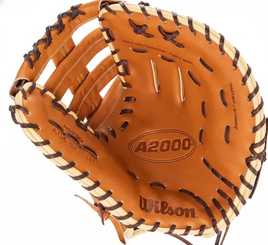 Wilson A2000 AC4 Amanda Chidester first base mitt in tan and caramel Pro Stock leather with dark brown lacing, 12.5 inch pattern built for fastpitch and baseball first basemen.