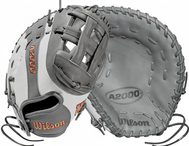 Wilson A2000 Fastpitch Series First Base Mitt displayed showing its Tennessee Tanning leather construction and pro-grade fastpitch first base design for competitive players.