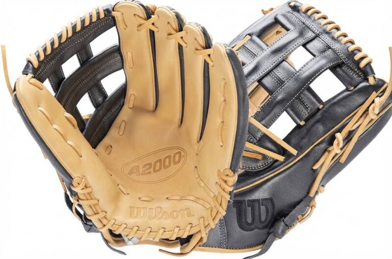 Wilson A2000 Gunmetal 1799 12.75" baseball glove in black and tan with dual post outfield web.