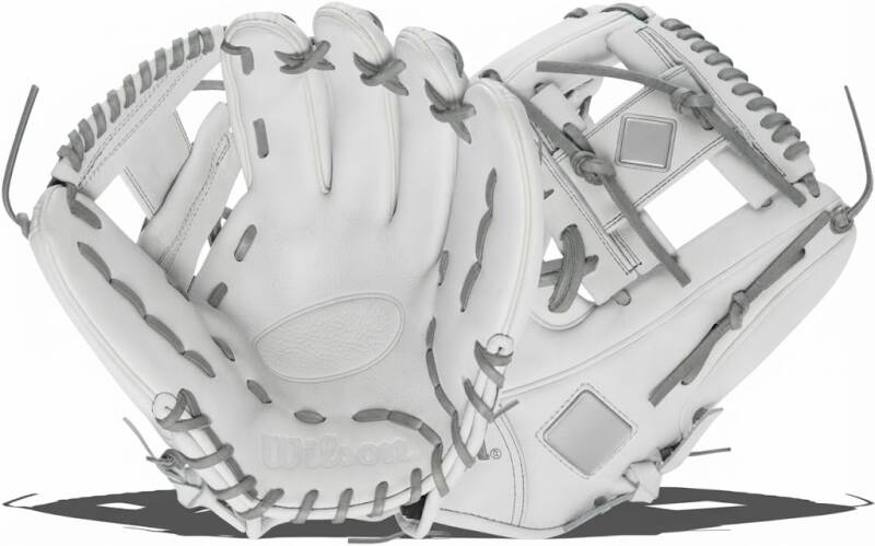 Wilson A2000 Ice DP15 11.5" baseball glove in all-white premium leather with gray lacing and clean H-web.