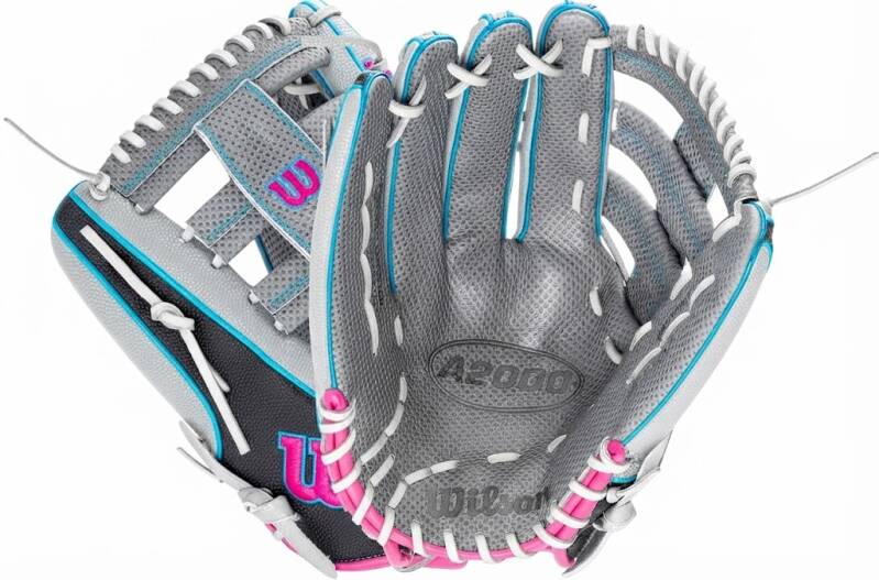 Wilson A2000 SuperSkin SP13 Spin Control 13" slowpitch softball glove. Gray with pink accents, spin control web.