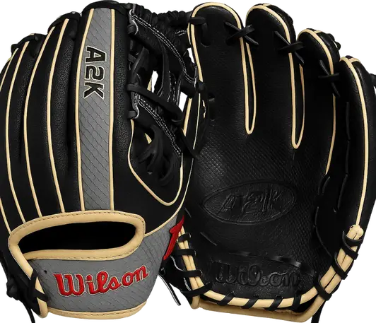 Wilson A2K Infield Baseball Gloves displayed showing its Pro Stock Select leather construction and Double Palm infield pattern.