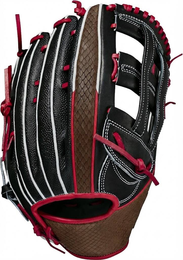 Wilson 2021 A2K outfield baseball glove in black with brown snakeskin accents and red lacing.