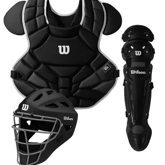 Wilson C1K Catcher's Gear Kit displayed showing its NOCSAE certified matched construction across all three kit components for competitive catchers across baseball and softball.