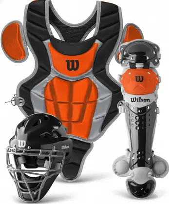 Wilson C200 Youth Catcher's Gear Kit displayed showing its accessible entry-level matched construction across all three kit components for recreational youth catching programs.