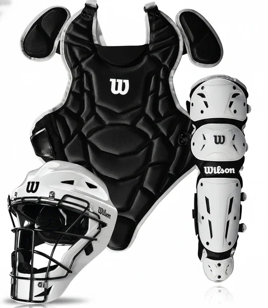 Wilson EZ Gear 2.0 catcher's gear kit with simplified adjustment helmet, chest protector, and leg guards on a neutral background.