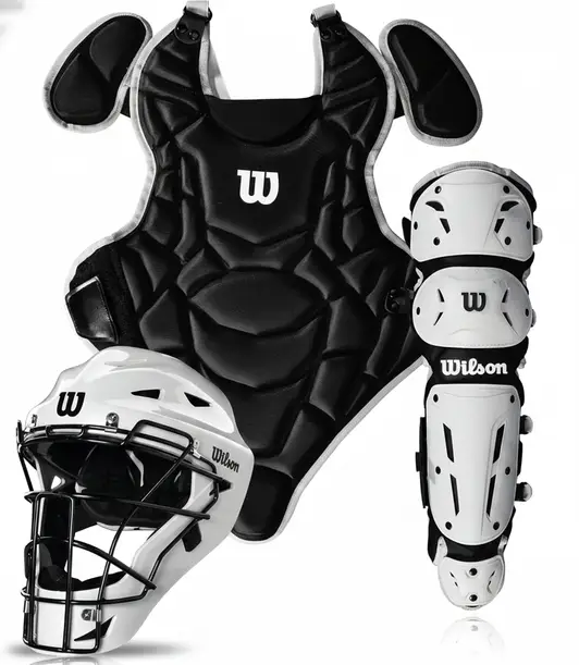 Wilson EZ Gear 2.0 Catcher's Gear Kit displayed showing its quick-change youth construction and ease-of-use design across matched kit components for younger catchers.