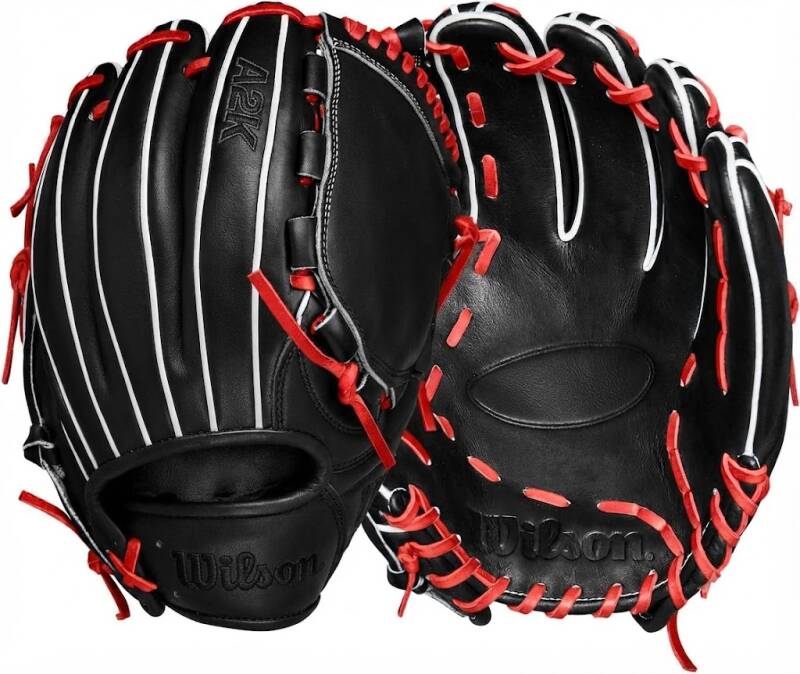 Wilson Fall 2024 A2K baseball glove in black leather with red lacing and white pinstripe detailing.