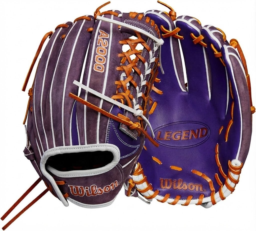 Wilson Spring 2025 A2000® Fastpitch Gloves, a Pro Stock leather fielding glove with a plum textured back and a purple palm.