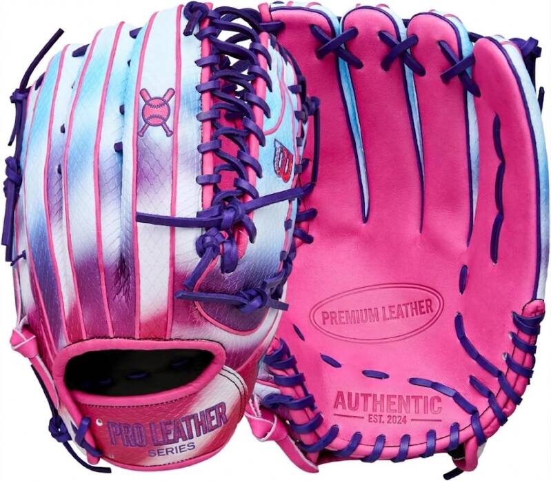 A pink, purple, and blue tie-dye baseball glove with dark purple laces.