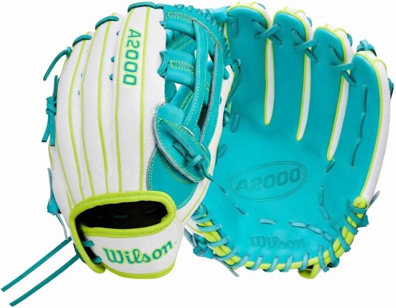 Wilson A2000 FP50SS 12.25" SuperSkin fastpitch outfield glove. Teal with white accents, H-web design.