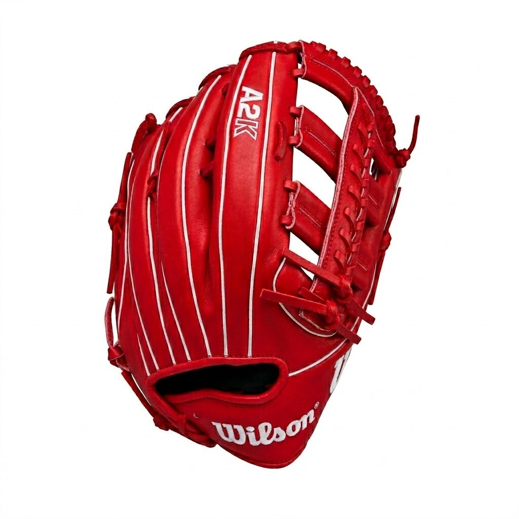 Red baseball glove on white background. 