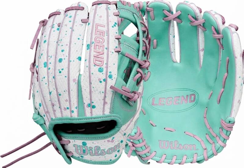 Wilson Winter 2025 A2000® Fastpitch Gloves, a Pro Stock leather fielding glove with a white speckled back and a mint green palm.
