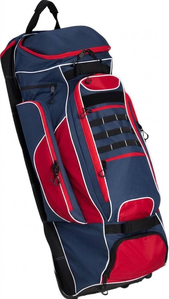 Wire2wire XL Tournament Catchers Wheeled Bag 2.0 with XL capacity 2.0 construction improvements and reinforced wheels for serious competitive catchers carrying full gear sets on tournament weekends.