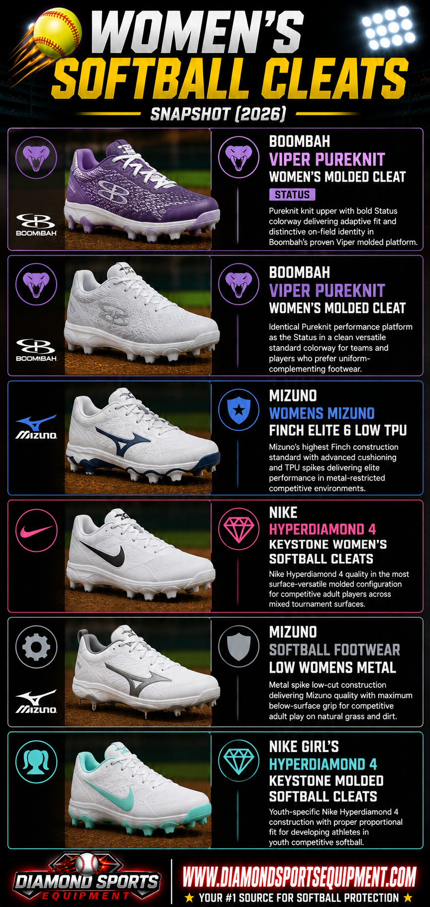 Boombah Viper Pureknit Status, Boombah Viper Pureknit, Mizuno Finch Elite 6 Low TPU, Nike Hyperdiamond 4 Keystone, Mizuno Softball Footwear Low Metal, and Nike Hyperdiamond 4 Keystone Youth cleats snapshot.