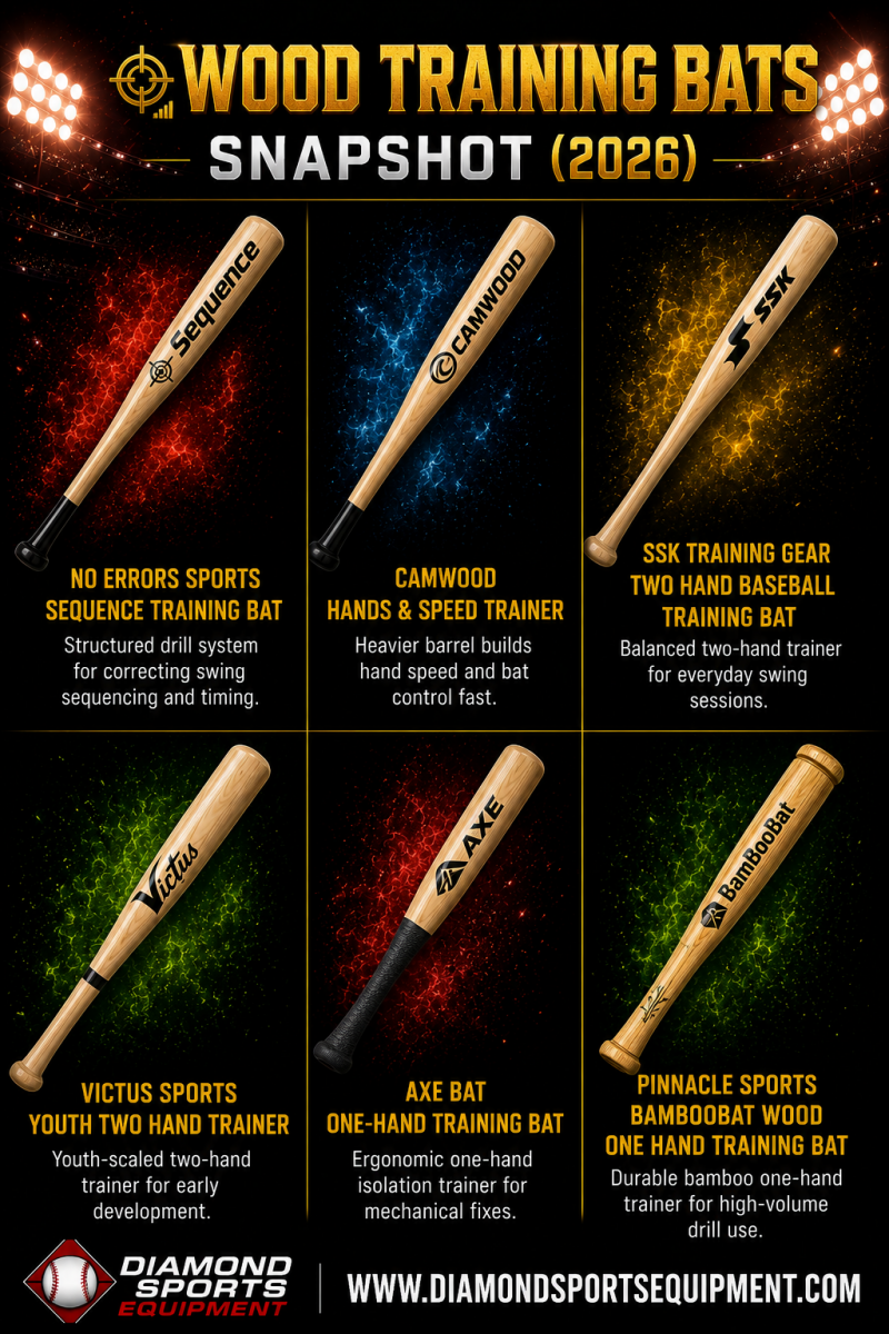 Wood training bat comparison featuring No Errors Sports, CamWood, SSK, Victus, Axe, and Pinnacle Sports training bats for baseball swing development.