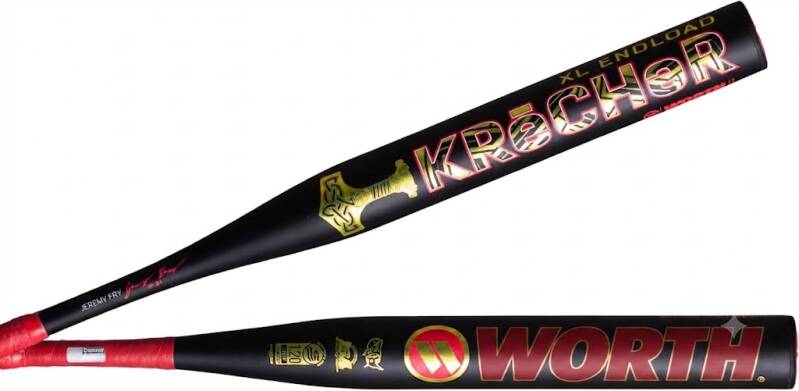 Worth Jeremy Fry Krecher XL Slowpitch Softball Bat | USSSA | WSU6KJF1L | XL Endload | 1 Pc. Composite | 12.75" Barrel, a one-piece composite bat in a matte black finish with gold accents and a red grip.