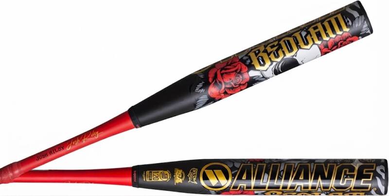 Worth Josh Riley Bedlam XXL Slowpitch Softball Bat | USSSA | WSU6JRB12X | XXL Endload | 2 Pc. Composite | 12" Barrel, a two-piece composite bat in a black finish with a floral rose graphic and a red grip.